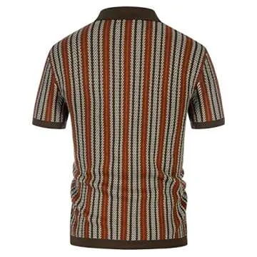 Men's Knit Polo Shirts 50s Retro Striped Shirt Italian Button Down Polos Casual Breathable Vintage Sweater Coffee