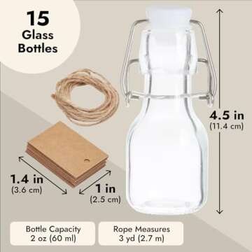 BLUE PANDA 15 Pack Small Swing Top Glass Bottles - 2 oz/60 ml Bottles with Lids, Stoppers, Tags & Jute Twine for Wedding Party