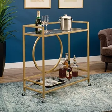 Sauder Lux Bar Cart Satin Gold Finish with Glass Shelves
