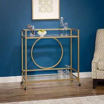 Sauder Lux Bar Cart Satin Gold Finish with Glass Shelves