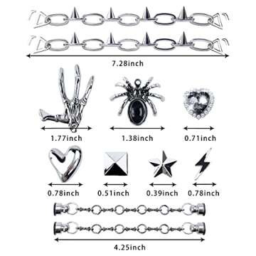 LINGWUERBA Bling Charms For Shoe With Chains,Spikes, Cool Gothic Emo Y2k pack,Party Goth Accessories for Rapper Biker Men Women (spike chains set)…