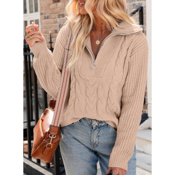 EVALESS Sweaters for Women Fall Winter Clothes for Women 2024 Long Sleeve Cable Knit Tops for Women Dressy Casual Quarter Zipper Pullover Crewneck Oversized Khaki Sweater Teacher Outfits, Large