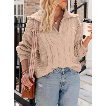 EVALESS Sweaters for Women Fall Winter Clothes for Women 2024 Long Sleeve Cable Knit Tops for Women Dressy Casual Quarter Zipper Pullover Crewneck Oversized Khaki Sweater Teacher Outfits, Large