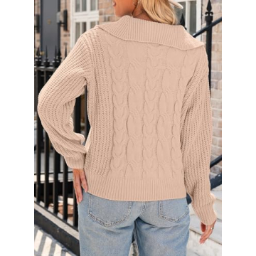 EVALESS Sweaters for Women Fall Winter Clothes for Women 2024 Long Sleeve Cable Knit Tops for Women Dressy Casual Quarter Zipper Pullover Crewneck Oversized Khaki Sweater Teacher Outfits, Large