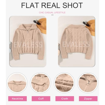 EVALESS Sweaters for Women Fall Winter Clothes for Women 2024 Long Sleeve Cable Knit Tops for Women Dressy Casual Quarter Zipper Pullover Crewneck Oversized Khaki Sweater Teacher Outfits, Large