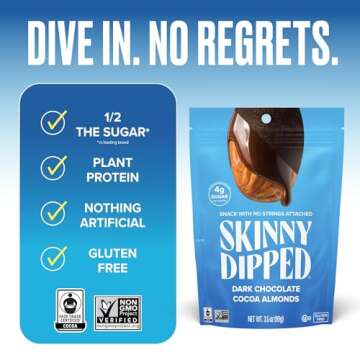 SkinnyDipped Dark Chocolate Cocoa Almonds, Healthy Snack, Plant Protein, Gluten Free, 3.5 Oz Resealable Bag, Pack of 1
