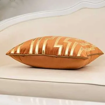 Alerfa Gold Leather Striped Orange Throw Pillow Cover 18x18 Inch, Geometric Luxury Decorative Embroidered Velvet Pillow Cover for Couch Living Room Bedroom