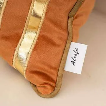 Alerfa Gold Leather Striped Orange Throw Pillow Cover 18x18 Inch, Geometric Luxury Decorative Embroidered Velvet Pillow Cover for Couch Living Room Bedroom