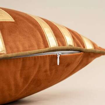 Alerfa Gold Leather Striped Orange Throw Pillow Cover 18x18 Inch, Geometric Luxury Decorative Embroidered Velvet Pillow Cover for Couch Living Room Bedroom
