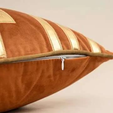 Alerfa Gold Leather Striped Orange Throw Pillow Cover 18x18 Inch, Geometric Luxury Decorative Embroidered Velvet Pillow Cover for Couch Living Room Bedroom