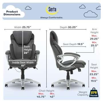 Serta Bryce Executive Office Chair, Ergonomic Computer DeskChair with Patented AIR Lumbar Technology, Comfortable Layered Body Pillows for Cushioning, SertaQuality Foam, Bonded Leather, Gray