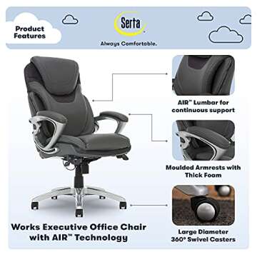 Serta Bryce Executive Office Chair, Ergonomic Computer DeskChair with Patented AIR Lumbar Technology, Comfortable Layered Body Pillows for Cushioning, SertaQuality Foam, Bonded Leather, Gray
