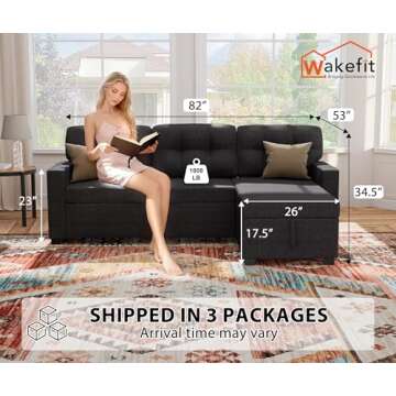 Wakefit Reversible Sectional Sofa Couch, Sleeper Sofa Bed with Storage Chaise Pull Out Couch for Liv...