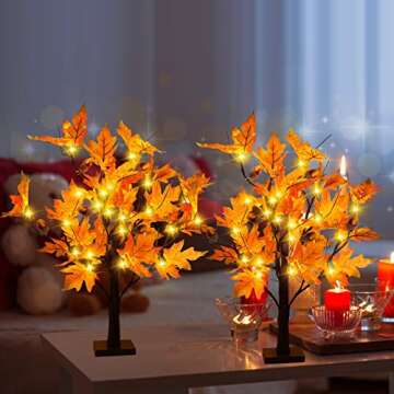 [2 Pack] 24-inch Fall Lighted Maple Tree with Acorns, 48 LED Lights, Battery Operated Thanksgiving T...