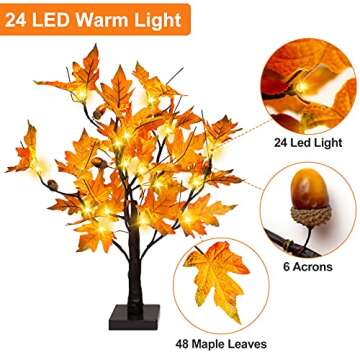 [2 Pack] 24-inch Fall Lighted Maple Tree with Acorns, 48 LED Lights, Battery Operated Thanksgiving Table Centerpieces Decoration Artificial Tree for Home Fireplace Autumn Harvest Tabletop Indoor Decor