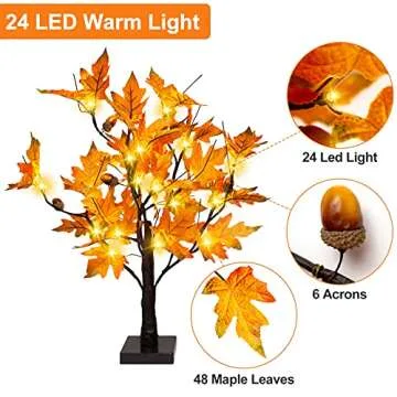 [2 Pack] 24-inch Fall Lighted Maple Tree with Acorns, 48 LED Lights, Battery Operated Thanksgiving Table Centerpieces Decoration Artificial Tree for Home Fireplace Autumn Harvest Tabletop Indoor Decor