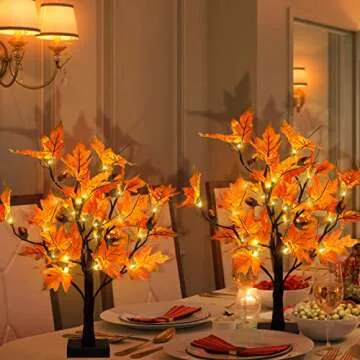 [2 Pack] 24-inch Fall Lighted Maple Tree with Acorns, 48 LED Lights, Battery Operated Thanksgiving Table Centerpieces Decoration Artificial Tree for Home Fireplace Autumn Harvest Tabletop Indoor Decor