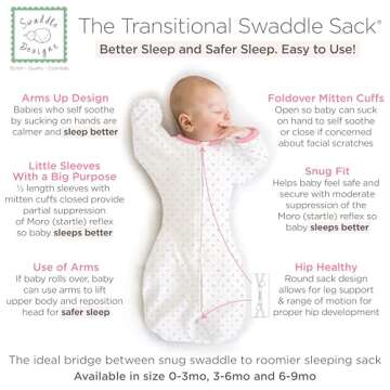 SwaddleDesigns Transitional Swaddle Sack with Arms Up Half-Length Sleeves and Mitten Cuffs, Tiny Tri...