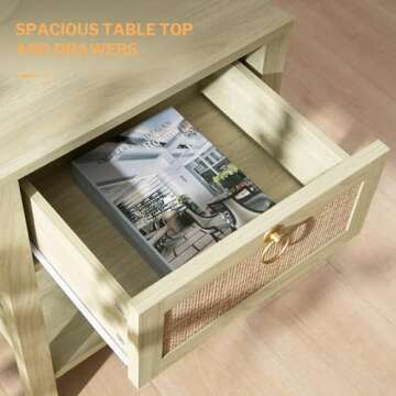 SICOTAS Nightstand Set of 2 - Rattan Decor Drawer with Brass Knobs Night Stand Wood Bedside Table Boho End Tables Side Tables with Storage Shelf