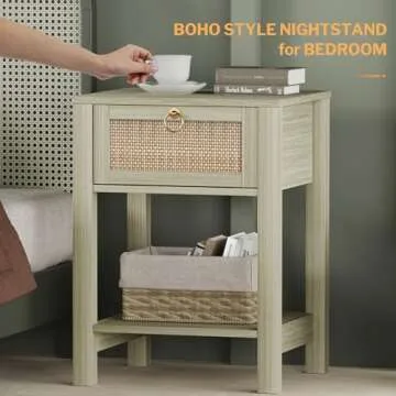SICOTAS Nightstand Set of 2 - Rattan Decor Drawer with Brass Knobs Night Stand Wood Bedside Table Boho End Tables Side Tables with Storage Shelf