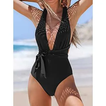CUPSHE Women's One Piece Swimsuit Sexy Deep V Neck Black Tie Bathing Suit, M