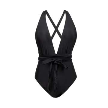 CUPSHE Women's One Piece Swimsuit Sexy Deep V Neck Black Tie Bathing Suit, M