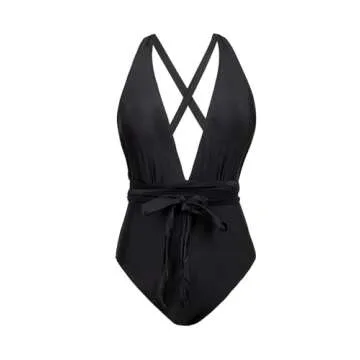 CUPSHE Women's One Piece Swimsuit Sexy Deep V Neck Black Tie Bathing Suit, M