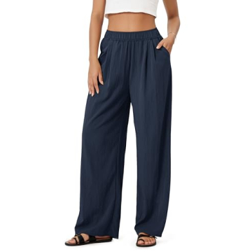 ODODOS Women's Wide Leg Pants with Pockets Crinkle Comfy High Waist Pull-On Lounge Casual Pants, 29"...