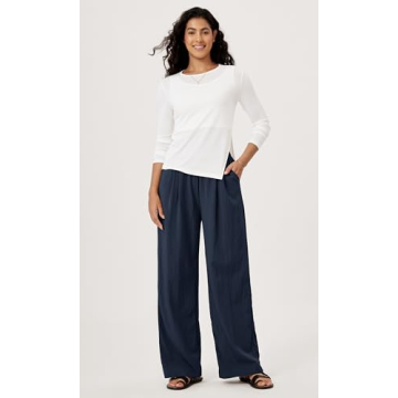 ODODOS Women's Wide Leg Pants with Pockets Crinkle Comfy High Waist Pull-On Lounge Casual Pants, 29" Inseam, Dark Blue, Medium