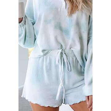 T1FE 1SFE Womens Two-Piece Outfits Tie-Dye Lounge Sets Long Sleeve Tops Ruffle Shorts PJ Set Sleepwear Nightwear