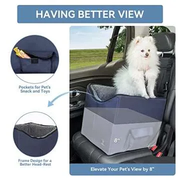 A 4 Pet Dog Car Seat for Small Dogs, 15 Inch Puppy Dog Booster Car Seat, Elevated Dog Car Bed with Seat Belt and Pocket for Front and Back Car Seat - Dark Blue, Small