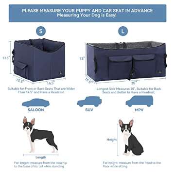 A 4 Pet Dog Car Seat for Small Dogs, 15 Inch Puppy Dog Booster Car Seat, Elevated Dog Car Bed with Seat Belt and Pocket for Front and Back Car Seat - Dark Blue, Small