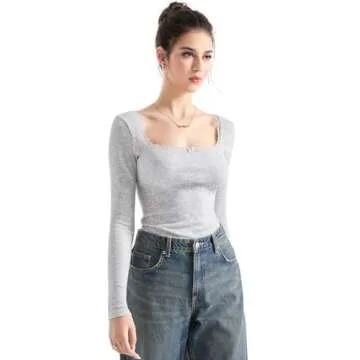SUUKSESS Stylish Square Neck Ribbed Long Sleeve Top