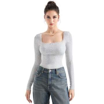 SUUKSESS Stylish Square Neck Ribbed Long Sleeve Top