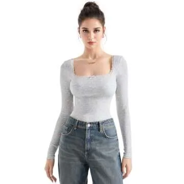 SUUKSESS Stylish Square Neck Ribbed Long Sleeve Top