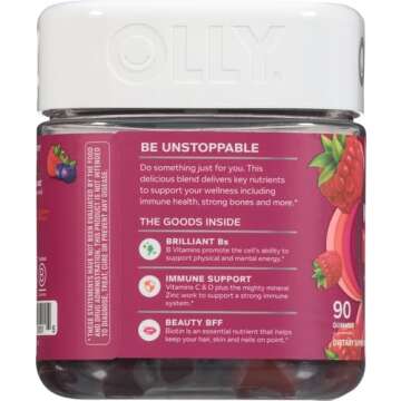 OLLY Perfect Women's Multivitamin Gummy Supplement, with Biotin & Folic Acid, Blissful Berry, 90 count (45 Day Supply)