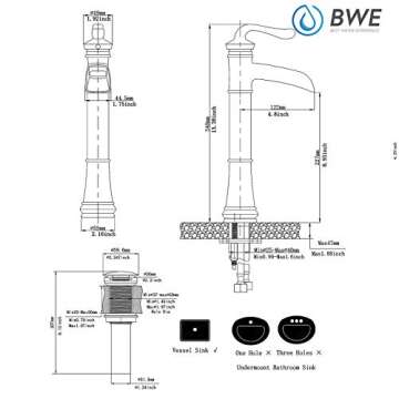 BWE Vessel Sink Faucet with Drain Assembly and Supply Line Lead-Free Waterfall Oil Rubbed Bronze Single Handle One Hole Bathroom Faucets Lavatory Mixer Tap Deck Mount Commercial