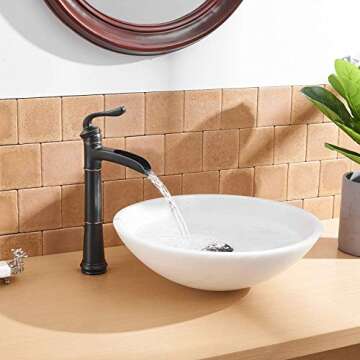 BWE Vessel Sink Faucet with Drain Assembly and Supply Line Lead-Free Waterfall Oil Rubbed Bronze Single Handle One Hole Bathroom Faucets Lavatory Mixer Tap Deck Mount Commercial