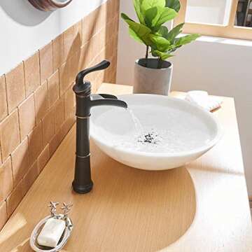 BWE Vessel Sink Faucet with Drain Assembly and Supply Line Lead-Free Waterfall Oil Rubbed Bronze Single Handle One Hole Bathroom Faucets Lavatory Mixer Tap Deck Mount Commercial
