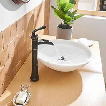 BWE Vessel Sink Faucet with Drain Assembly and Supply Line Lead-Free Waterfall Oil Rubbed Bronze Single Handle One Hole Bathroom Faucets Lavatory Mixer Tap Deck Mount Commercial