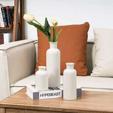 TIMEYARD White Ceramic Vases Set of 3, Modern Farmhouse Vases for Flowers, Rustic Home Decor, Decorative Vintage Vase Set for Table, Cabinet, Hallway, Living Room, Entryway