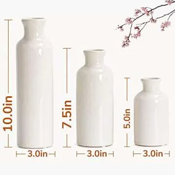 TIMEYARD White Ceramic Vases Set of 3, Modern Farmhouse Vases for Flowers, Rustic Home Decor, Decorative Vintage Vase Set for Table, Cabinet, Hallway, Living Room, Entryway