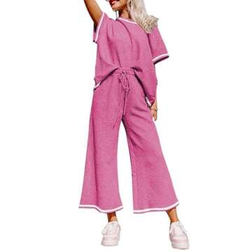 SHEWIN Womens Spring Fashion 2025 Casual 2 Piece Outfits for Women Lounge Sets Loose Short Sleeve Cr...