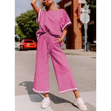 SHEWIN Womens Spring Fashion 2025 Casual 2 Piece Outfits for Women Lounge Sets Loose Short Sleeve Crewneck Shirts Matching Casual Pants Trendy Cozy Pajamas Sweatsuit Set Stripe Hot Pink L