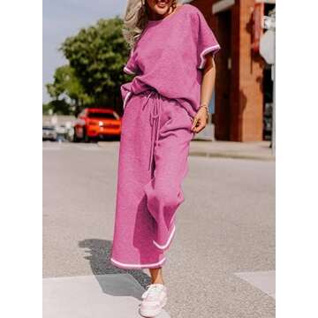 SHEWIN Womens Spring Fashion 2025 Casual 2 Piece Outfits for Women Lounge Sets Loose Short Sleeve Crewneck Shirts Matching Casual Pants Trendy Cozy Pajamas Sweatsuit Set Stripe Hot Pink L