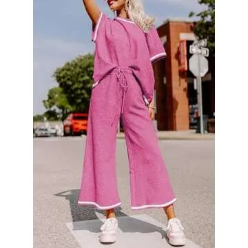 SHEWIN Womens Spring Fashion 2025 Casual 2 Piece Outfits for Women Lounge Sets Loose Short Sleeve Crewneck Shirts Matching Casual Pants Trendy Cozy Pajamas Sweatsuit Set Stripe Hot Pink L
