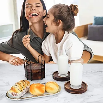 Natural Wood Drink Coasters Set with Holder for Home Decor