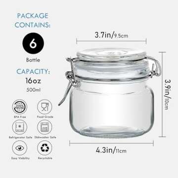 YEBODA 16oz Food Storage Canister Glass Jars with Clamp Airtight Lids and Silicone Gaskets for Multi-Purpose Kitchen Containers - Clear Square (6 Pack)