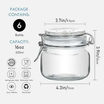 YEBODA 16oz Food Storage Canister Glass Jars with Clamp Airtight Lids and Silicone Gaskets for Multi-Purpose Kitchen Containers - Clear Square (6 Pack)