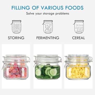YEBODA 16oz Food Storage Canister Glass Jars with Clamp Airtight Lids and Silicone Gaskets for Multi-Purpose Kitchen Containers - Clear Square (6 Pack)